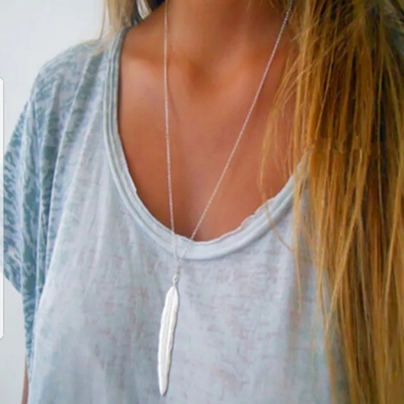 simples silver feather necklace Jewelry - Large Silver Feather Long Simple Minimalist Chain